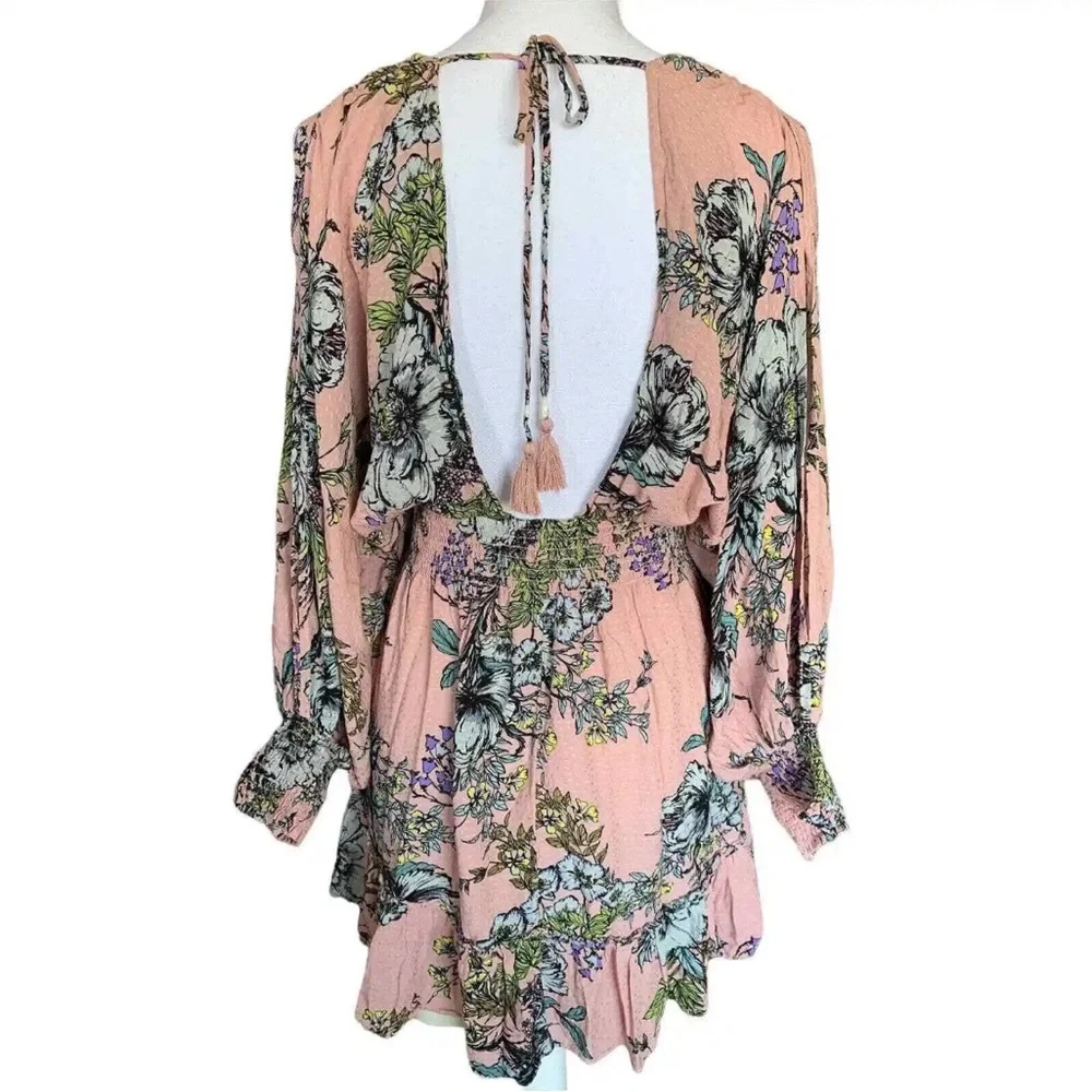 LOVE STITCH WOMENS DRESS TOP PINK FLORAL MEDIUM RUFFLE HEM LONG SLIT SLEEVE - Picture 2 of 8